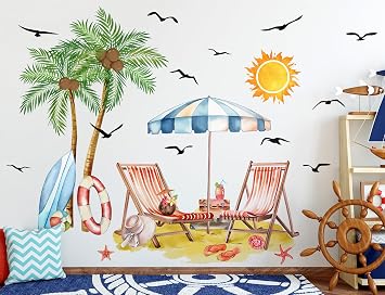 Summer Beach Wall Decals Large Boho Palm Tree Wall Stickers Sunshine Beach Holiday Tropical Plants Peel and Stick Wallpaper Hawaiian Nature Wall Art for Kids Bedroom Nursery Party Decoration