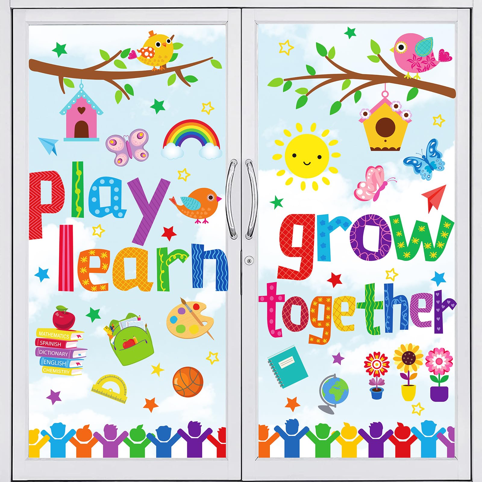 JarThenaAMCS Grow Together Window Clings Play Learn Window Stickers Colorful Motivational Double Sided Wall Glass Decals for First Day of School Party Home Classroom Decor, 6 Sheet