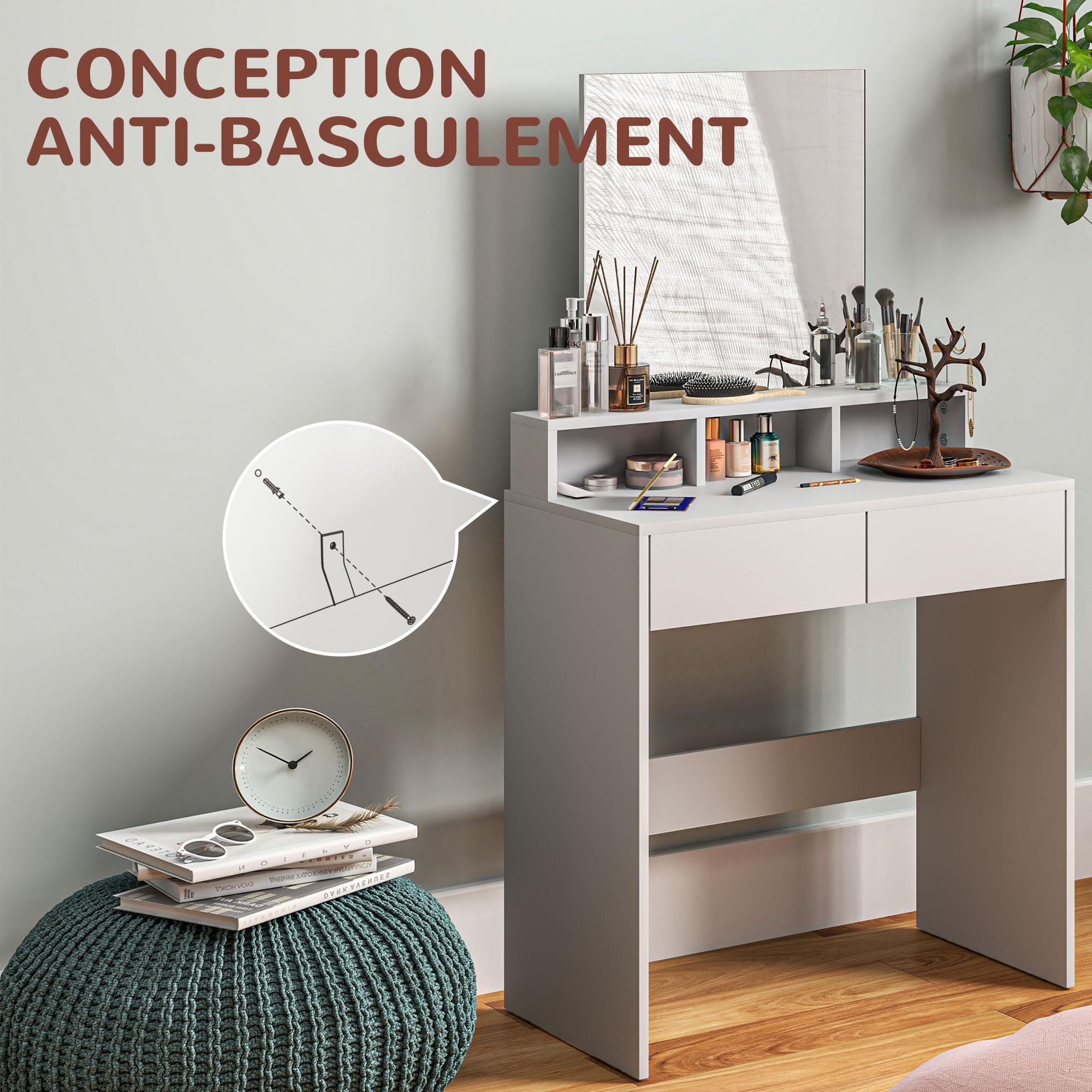 HOMCOM Tavolo da trucco con specchio con 2 cassetti e 3 scomparti, stile moderno per camera da letto, 75 x 38 x 135 cm, bianco