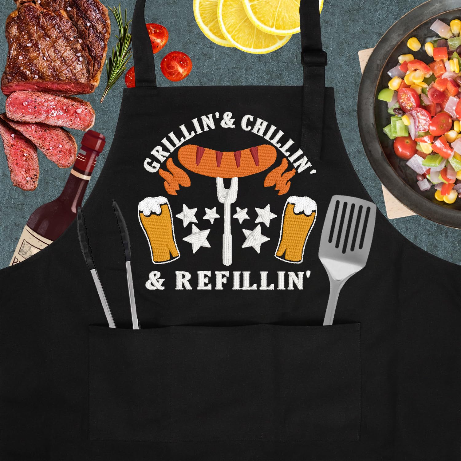 Miracu Beer Lover Chef Grilling Apron, Grilling Gifts for Men - Funny BBQ Grill Aprons for Men w/3 Pockets - Fathers Day, Birthday Gifts for Grill Dad Boyfriend Husband Brother Male Friends Him