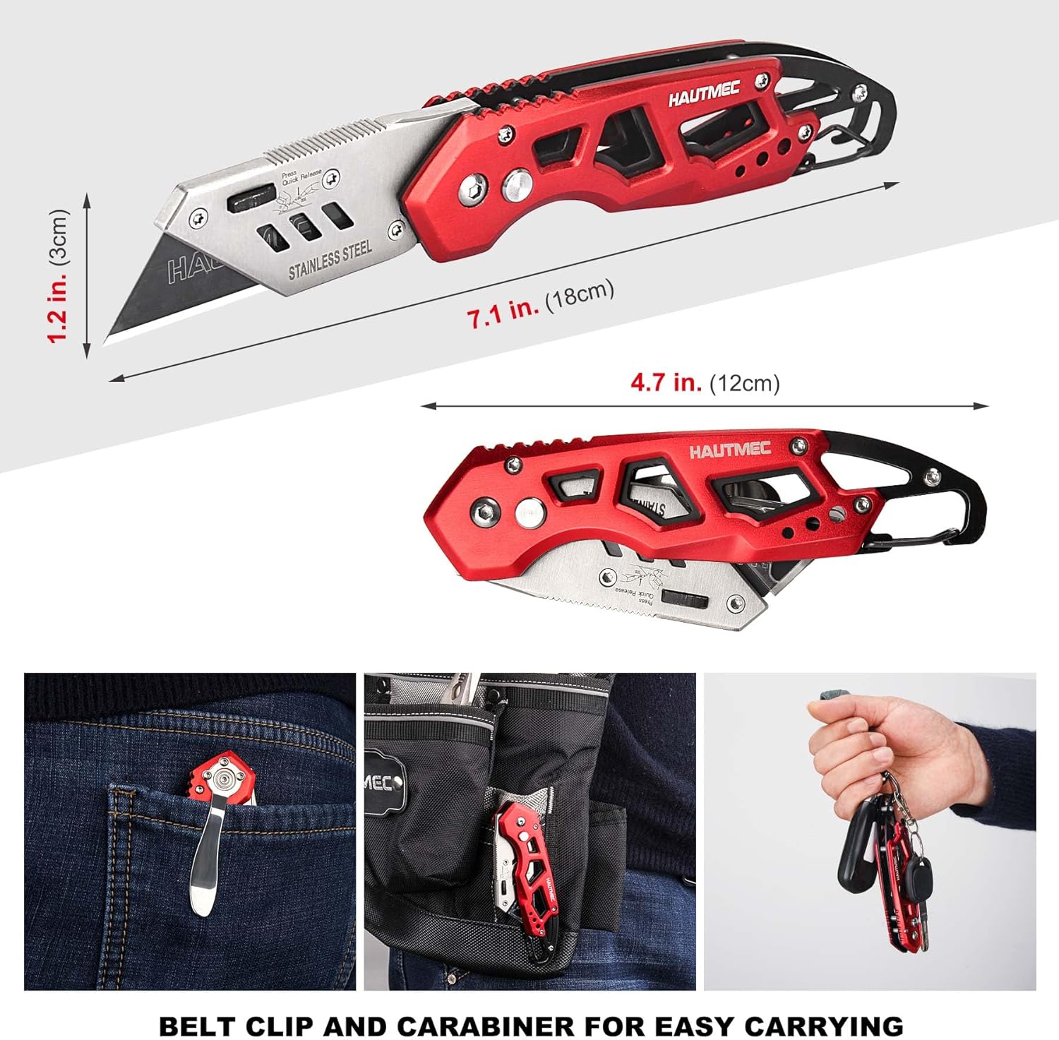HAUTMEC Folding Utility Knife with 10-Pack SK2H Blades, Heavy-Duty Aluminum Box Cutter with Belt Clip, Quick-Change Blades, Safety Lock & Carabiner – HT0263