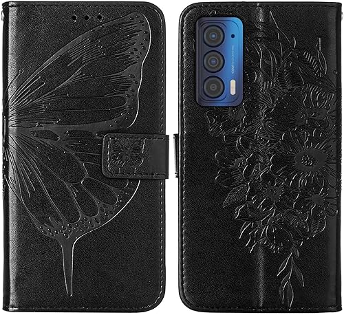 Miniatura 3 de Funda compatible con Motorola Edge 2021, función atril, correa de muñeca, ranuras para tarjetero, diseño floral de mariposa, funda de piel sintética