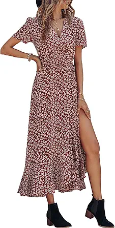 PRETTYGARDEN Women's Summer Maxi Dress Casual Wrap Floral Boho Short Sleeve V Neck Split Ruffle Beach Long Dresses