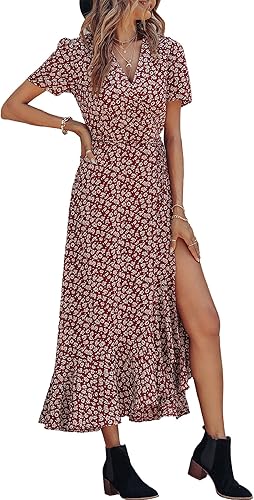 PRETTYGARDEN Women's Summer Maxi Dress Casual Wrap Floral Boho Short Sleeve V Neck Split Ruffle Beach Long Dresses