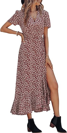 PRETTYGARDEN Women's Summer Maxi Dress Casual Wrap Floral Boho Short Sleeve V Neck Split Ruffle Beach Long Dresses