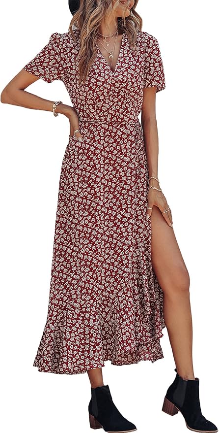 PRETTYGARDEN Women's Summer Maxi Dress Casual Wrap Floral Boho Short Sleeve V Neck Split Ruffle Beach Long Dresses
