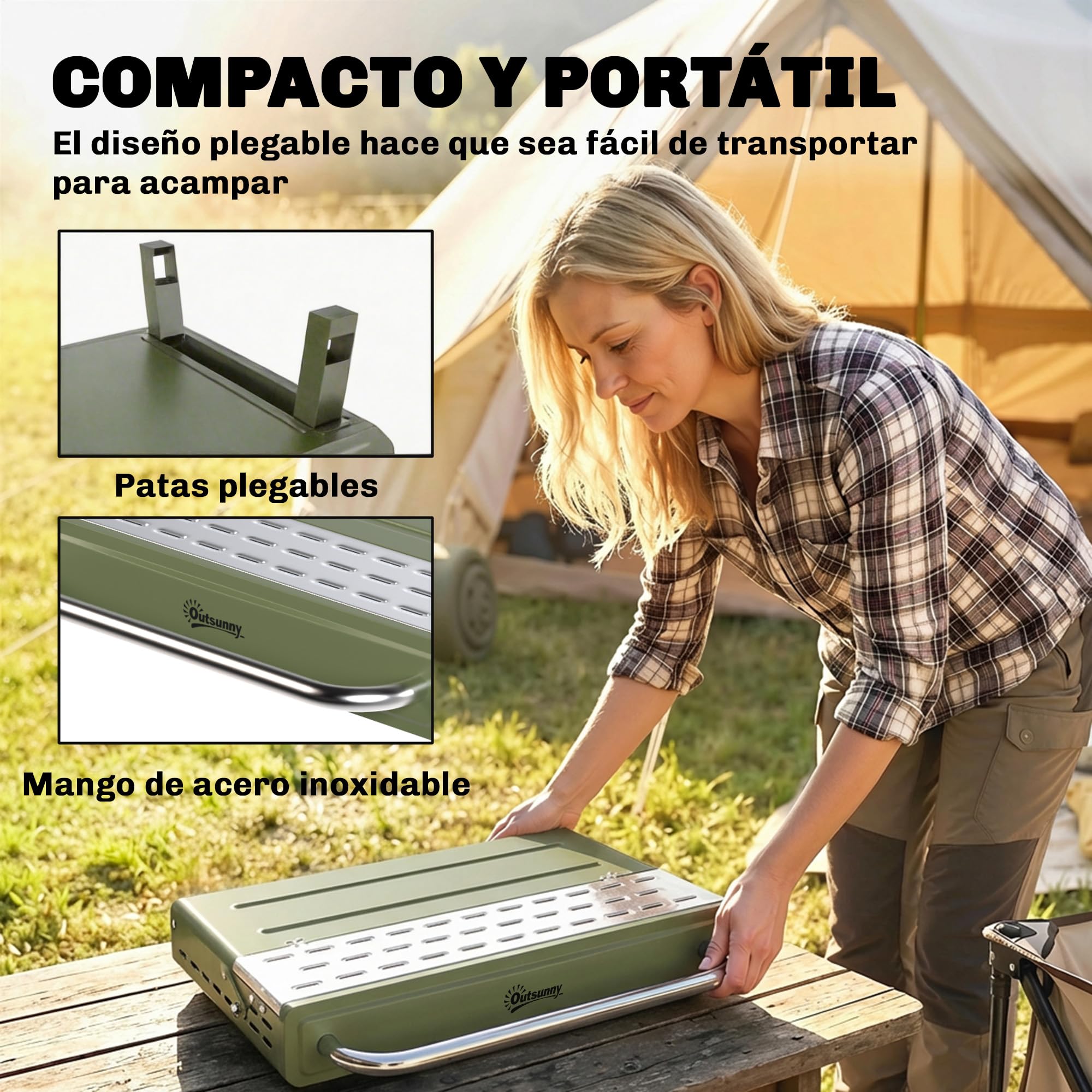 Outsunny Barbacoa de Carbón Plegable, Barbacoa Portátil, 52x37x31,8 cm, con Rejilla Ajustable, Estante Lateral Plegable y Bandeja de Carbón Extraíble, para Camping, Picnic, Fiesta en Jardín, Verde