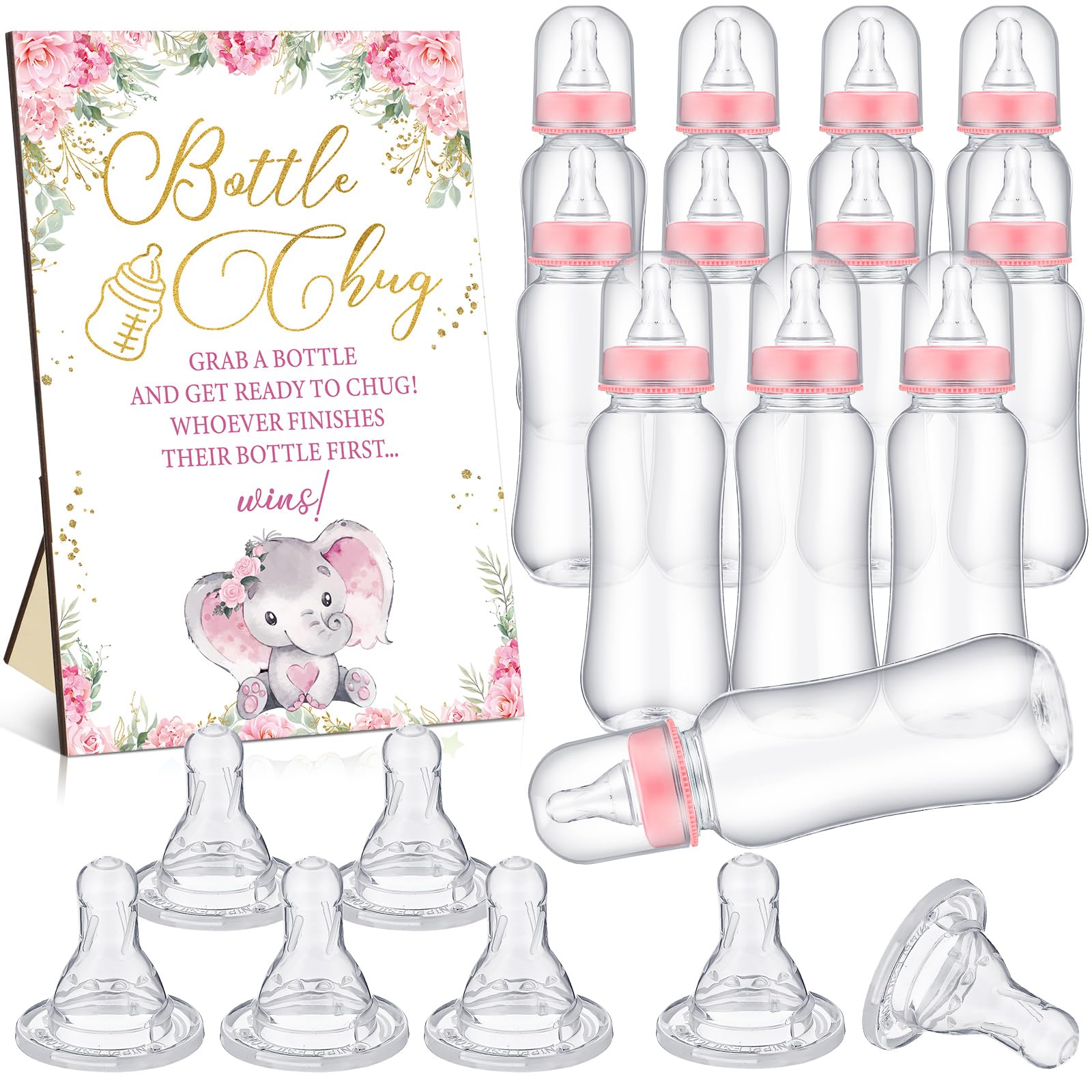 Trelaco 12 Pcs Pink Baby Shower Games Elephant Bottle Chug Wooden Sign Set