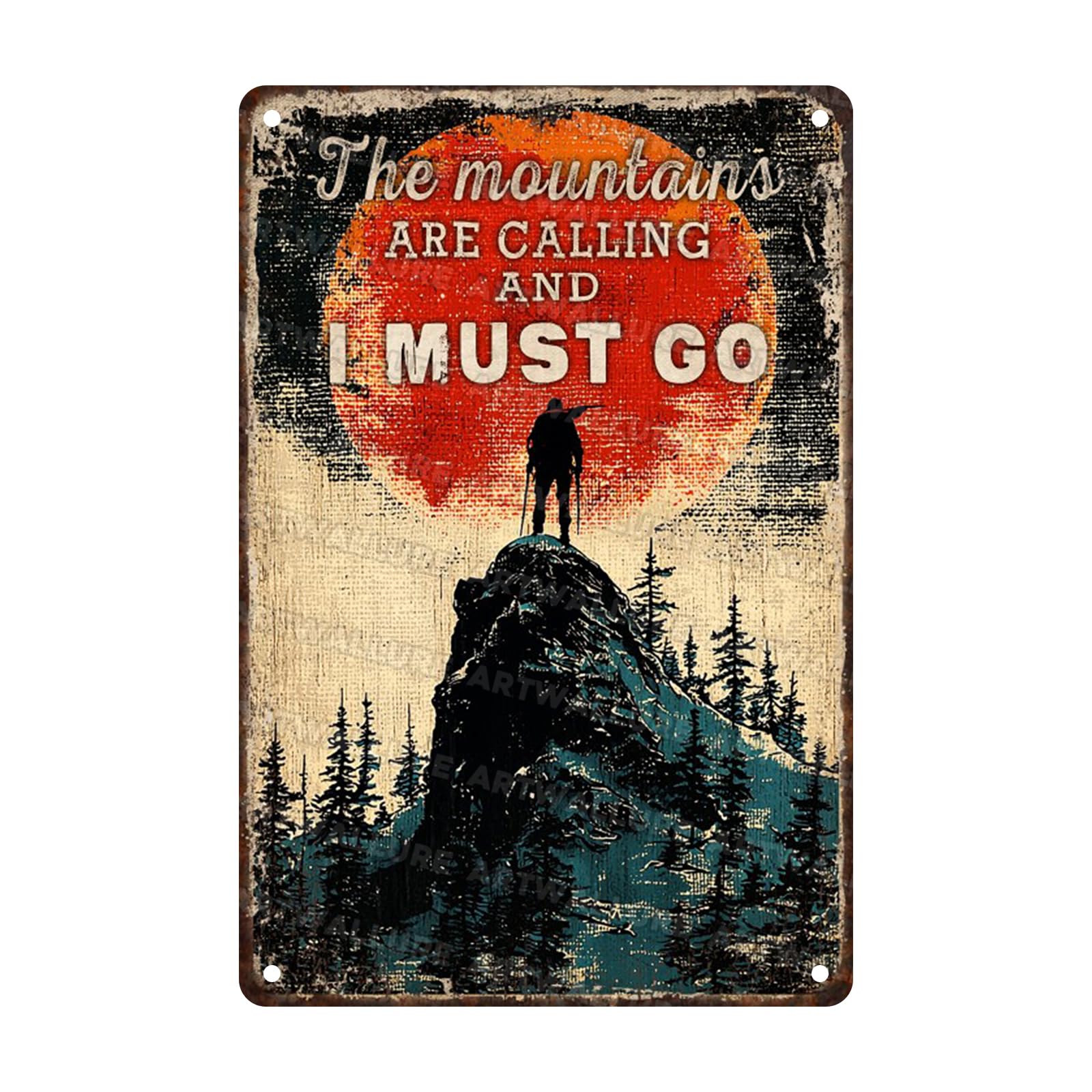 Anceky Retro Metal Tin Sign Hiking The Mountains Are Calling And I Must Go Metal Sign Retro Wall Decor For Farmhouse Bar Cafe Kitchen Backyard Window 12×16 Inch