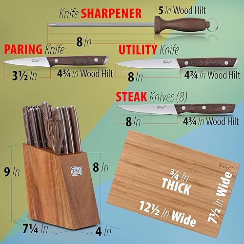 Miniatura 3 de Deco Chef Juego de cuchillos de cocina de 16 piezas de acero inoxidable con asas de madera, cuchillo de chef de 8 pulgadas, cuchilla de 6.5