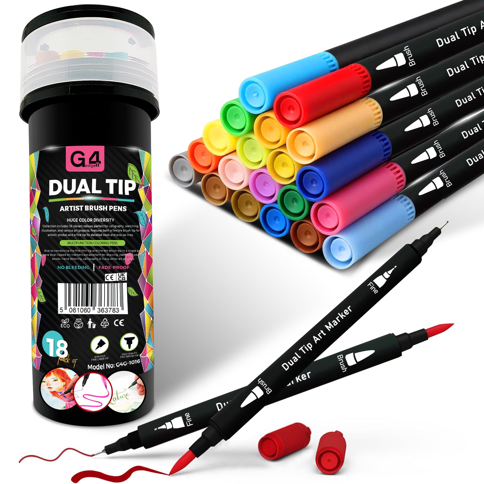 G4GADGET Dual Tip Brush Pens 18 Pack | Fine & Brush Tip Colouring Pens for Adults & Kids | Art Markers for Colouring Books, Sketching, Calligraphy, and Drawing | Felt Tip Colouring Pens Set