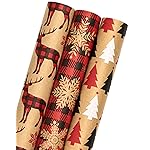 MAYPLUSS Kraft Christmas Wrapping Paper Roll - Mini Roll - 17 inch X 120 inch Per roll - 3 Different Red Reindeer & Snowflakes Design (42.3 sq.ft.ttl)