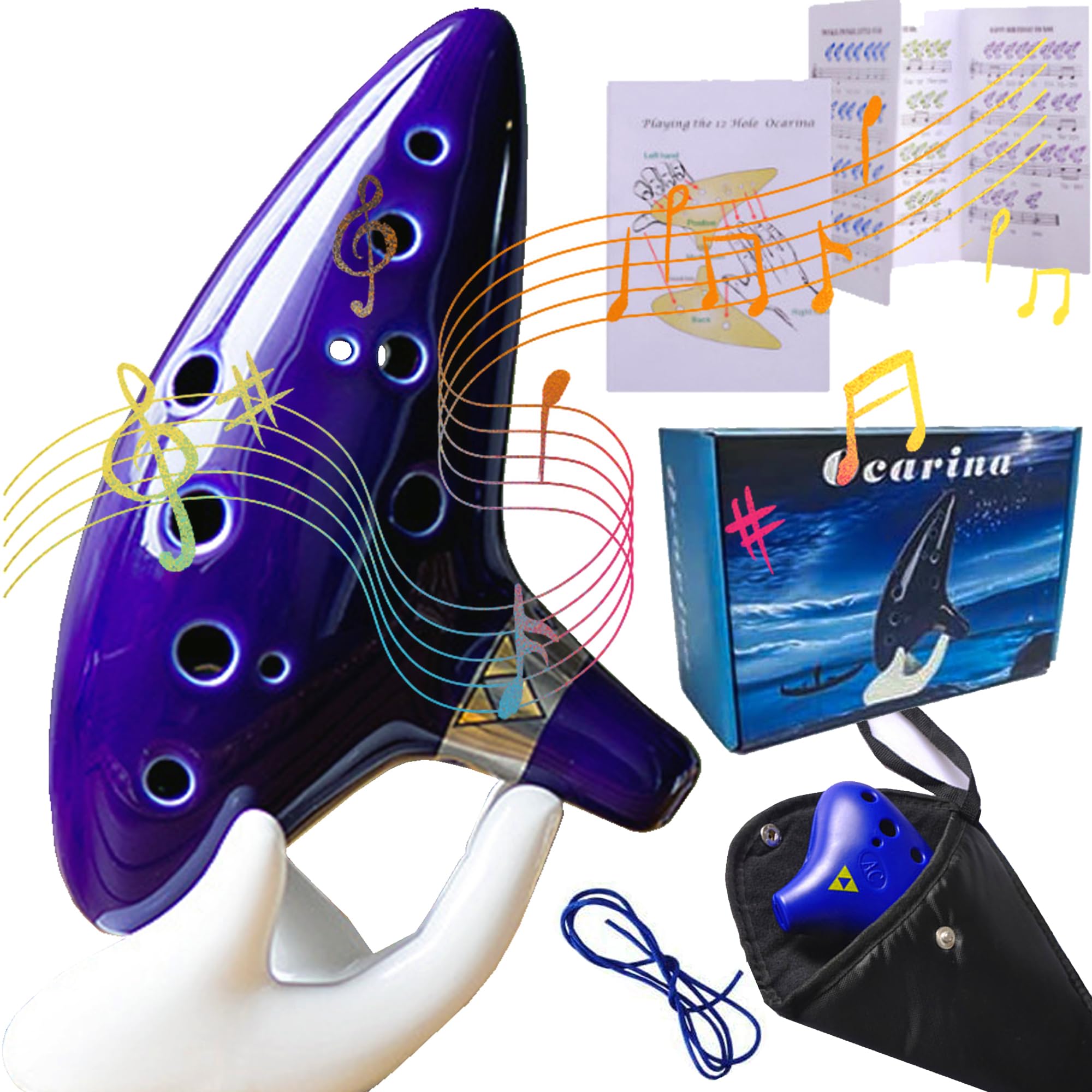 Ocarina, 12 Buche Alto C Leggenda di Ocarina, con Espositore a Forma di Mano, Custodia Protettiva, Cordino da Collo e Libro Canzoni, Adatto ai principianti (blu)