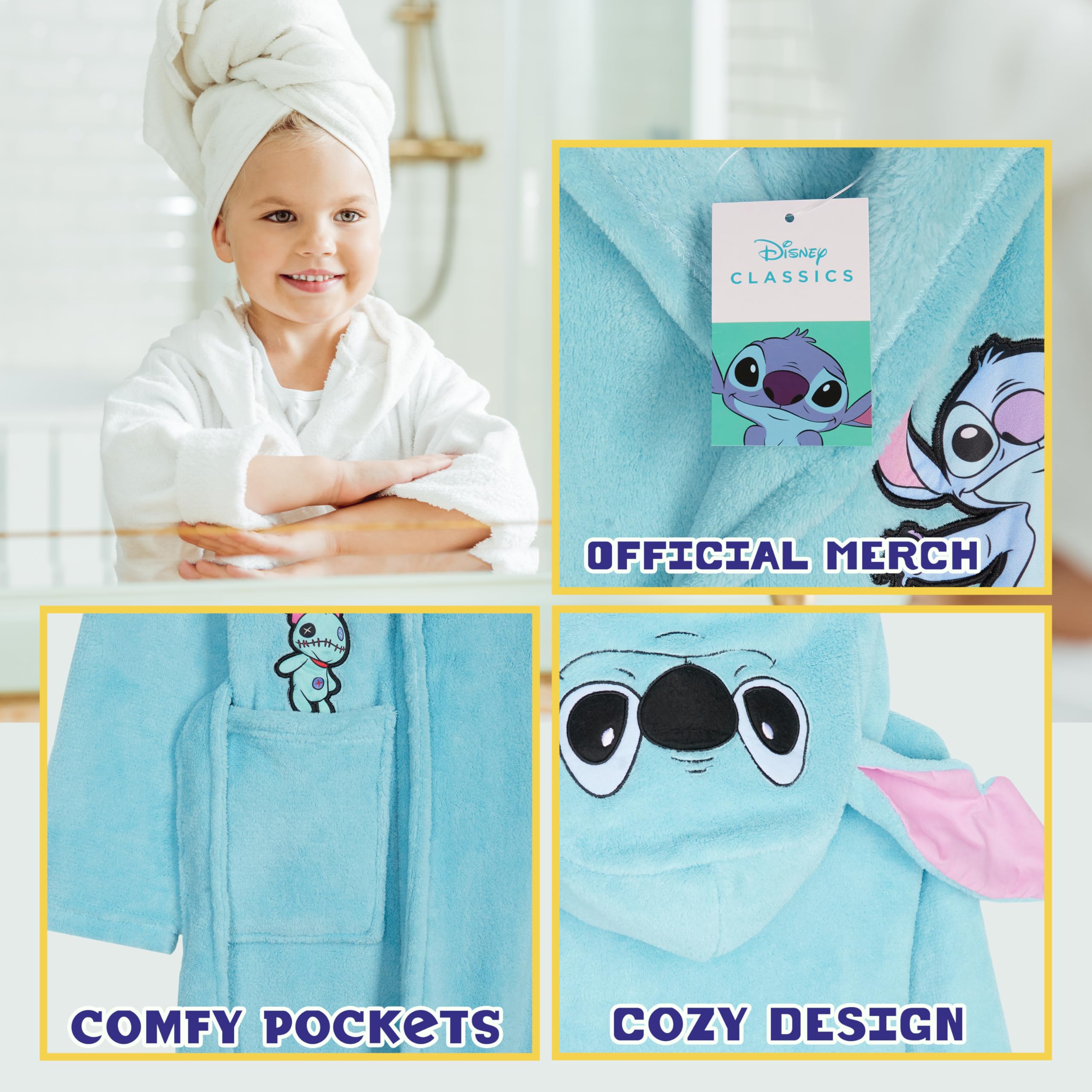 Disney Stitch dziewczęcy szlafrok polarowy z kapturem i kieszeniami, przytulny szlafrok puszysty odzież domowa bielizna nocna - prezenty ze ściegiem