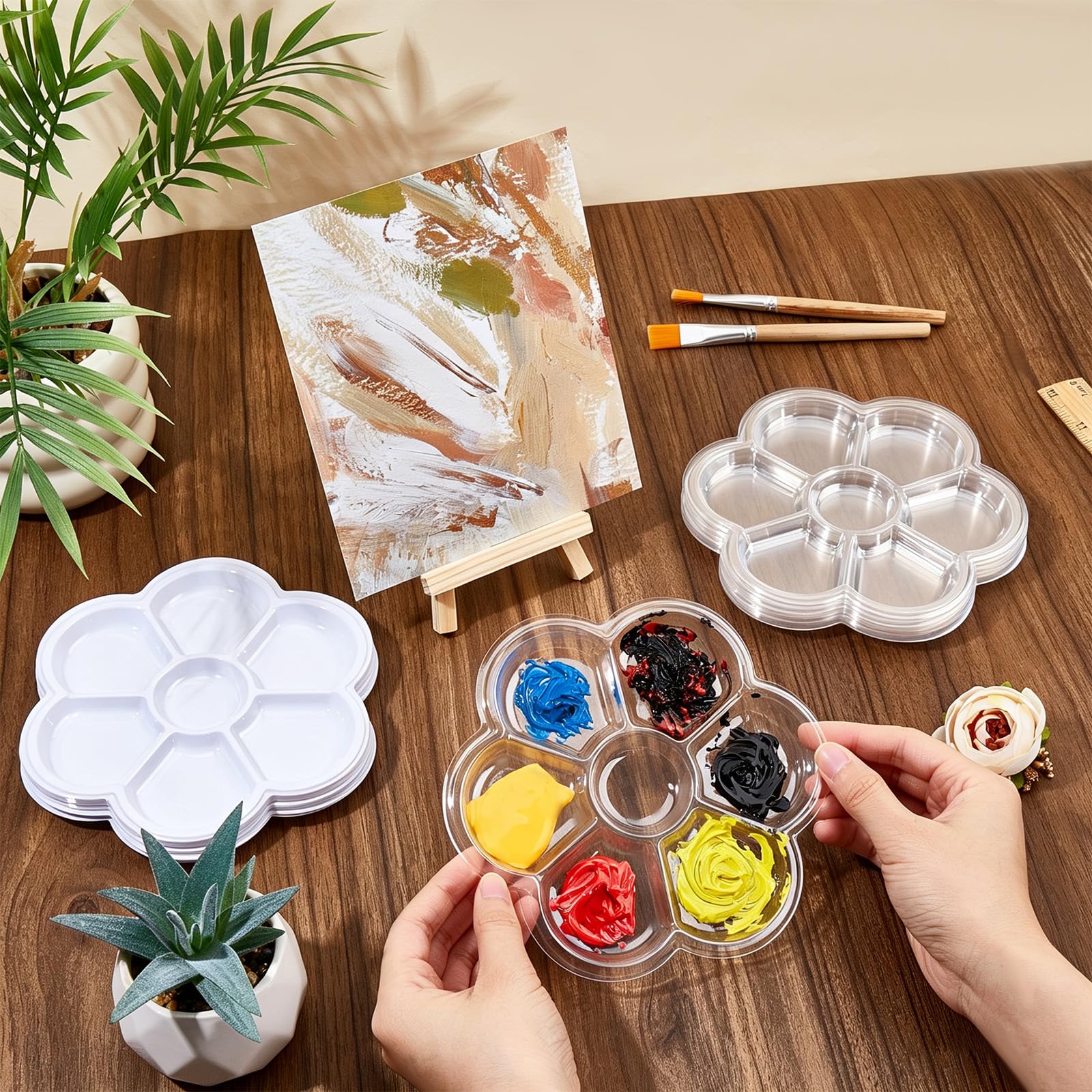 Tavolozza di colori a forma di fiore, in plastica trasparente e bianca, con 7 pozzetti, vassoio per pittura ad acquerello, guazzo e olio, disegno, progetti fai da te, pittura, festa di