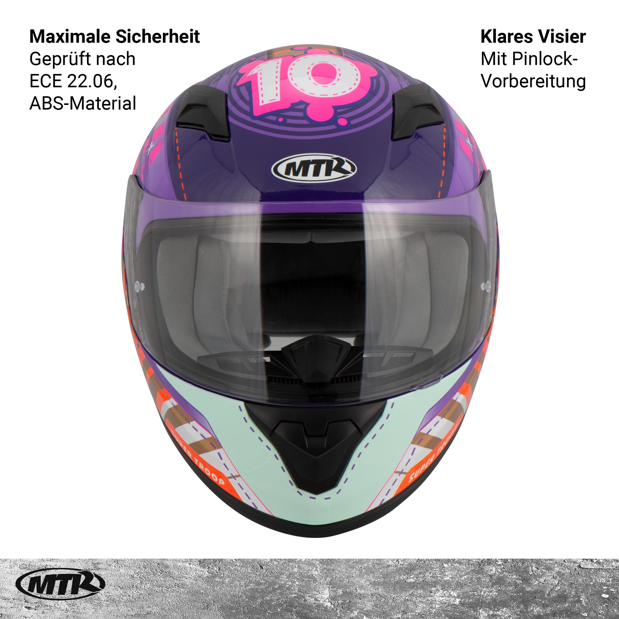 MTR S-12 Kids Evo Motorradhelm Kinder, Kinderhelm Motorrad ECE 22.06 Zertifiziert - Maximale Verkehrssicherheit, Robuster & Leiser Kinder Motorradhelm, Ratschenverschluss, Klares Visier, Schwarz