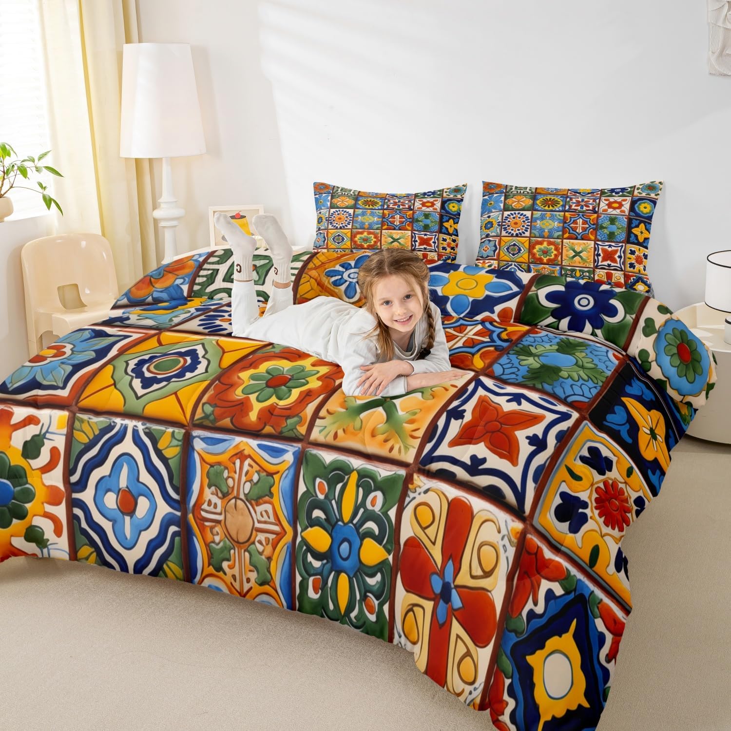 Erosebridal Mexican Talavera Tile Comforter Set Queen Size,Exotic Ethnic Boho Style Bedding Set for Kids Adults Room Decor,Colorful Bohemian Quilt Bed Set Geometric Flower Down Comforter 3Pcs