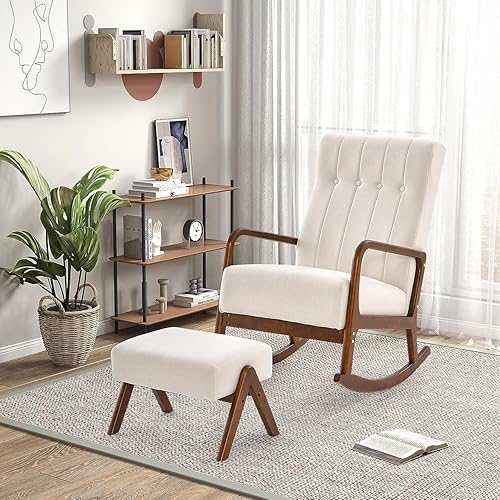 Miniatura 3 de KOMFOTT Mecedora para guardería con otomana, silla mecedora tapizada con reposapiés, bolsillo lateral, marco de goma estable y respaldo copetudo,