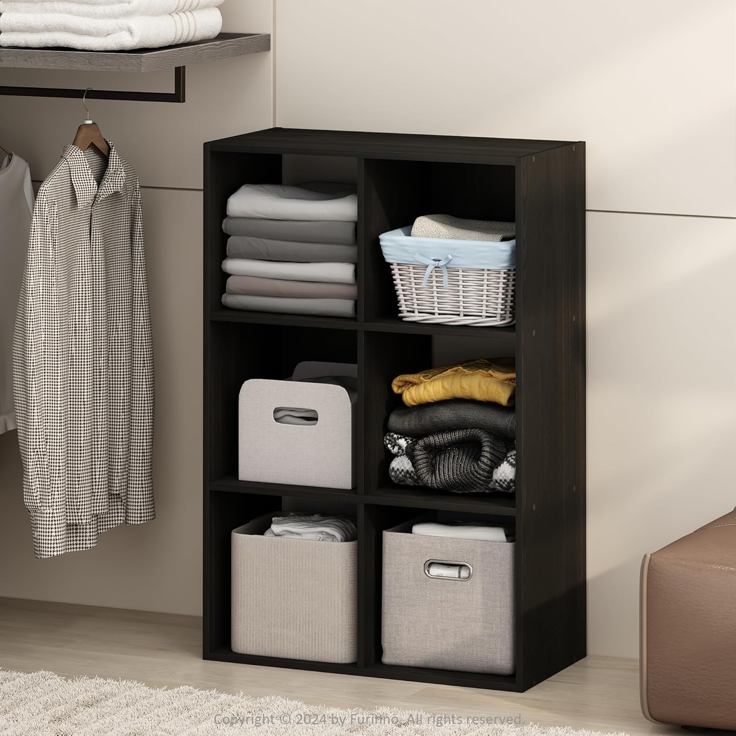 Furinno Pelli Cubic Multipurpose Clothing & Closet Storage Organizer Shelf, 6-Cube, Espresso