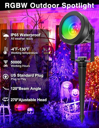 RGB Spot Lights Outdoor, LED Color Changing Landscape Lighting, Waterproof Spotlight with US Plug for Yard Garden Tree Path House Halloween Christmas Decoration (2 Pack)