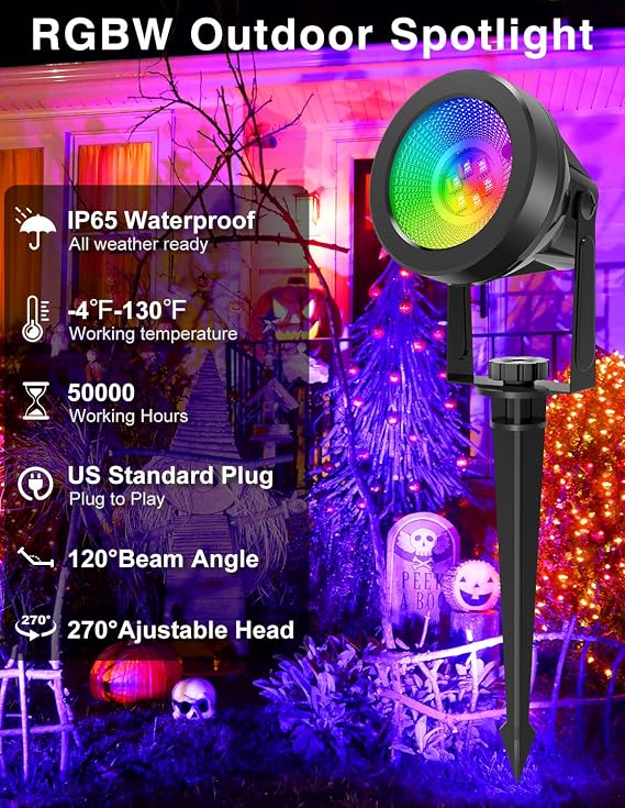 RGB Spot Lights Outdoor, LED Color Changing Landscape Lighting, Waterproof Spotlight with US Plug for Yard Garden Tree Path House Halloween Christmas Decoration (2 Pack)