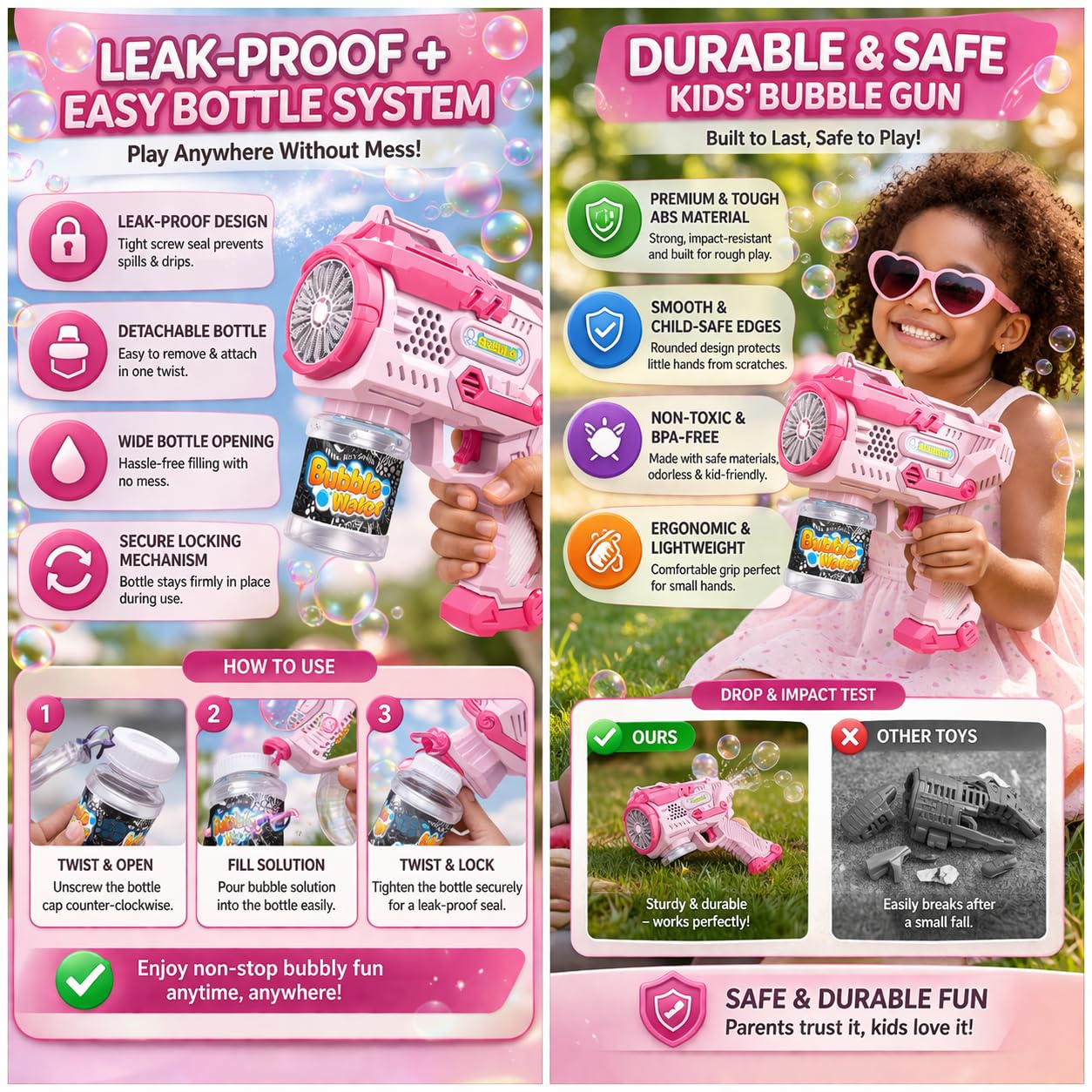 Electric Bubble Gun for Kids - Pink LED Light Toy -3