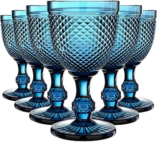 Bokon 6 Pack Blue Glass Goblets Set 10 oz High Clear Wine Glass Vintage Water Goblets Cups Embossed Diamond Design Glassware with Stem for Drinking Juice Liquor Party Wedding Bar