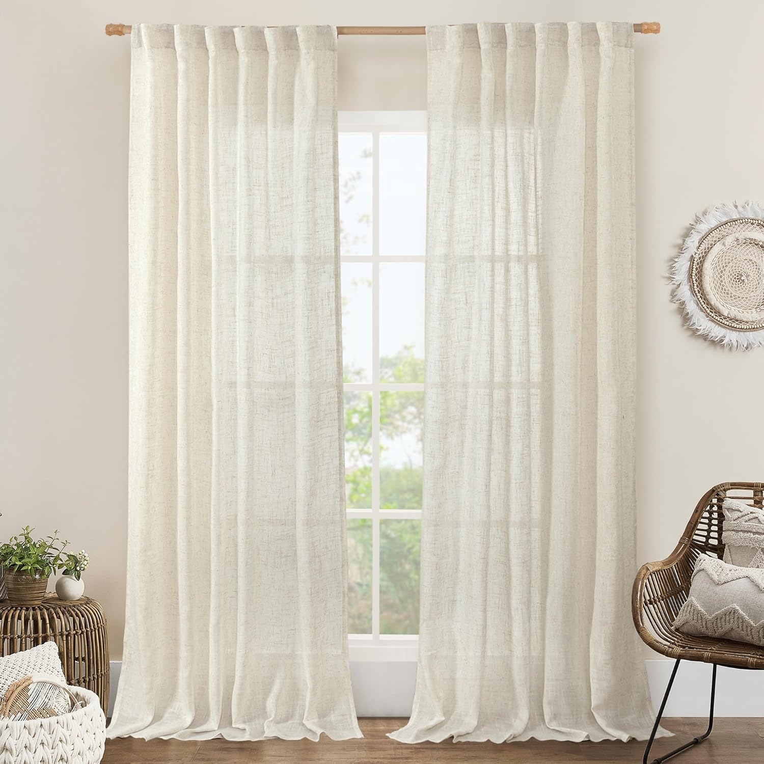 LAMIT 102 inch Long Linen Curtains 2 Panels for Living Room, Natural Cream Ivory Light Filtering Semi Sheer Linen Curtains Back Tab and Rod Pocket Neutral Drapes for Bedroom/Farmhouse, 52 x 102 Inch 52"W x 102"L (Pack of 2) Natural