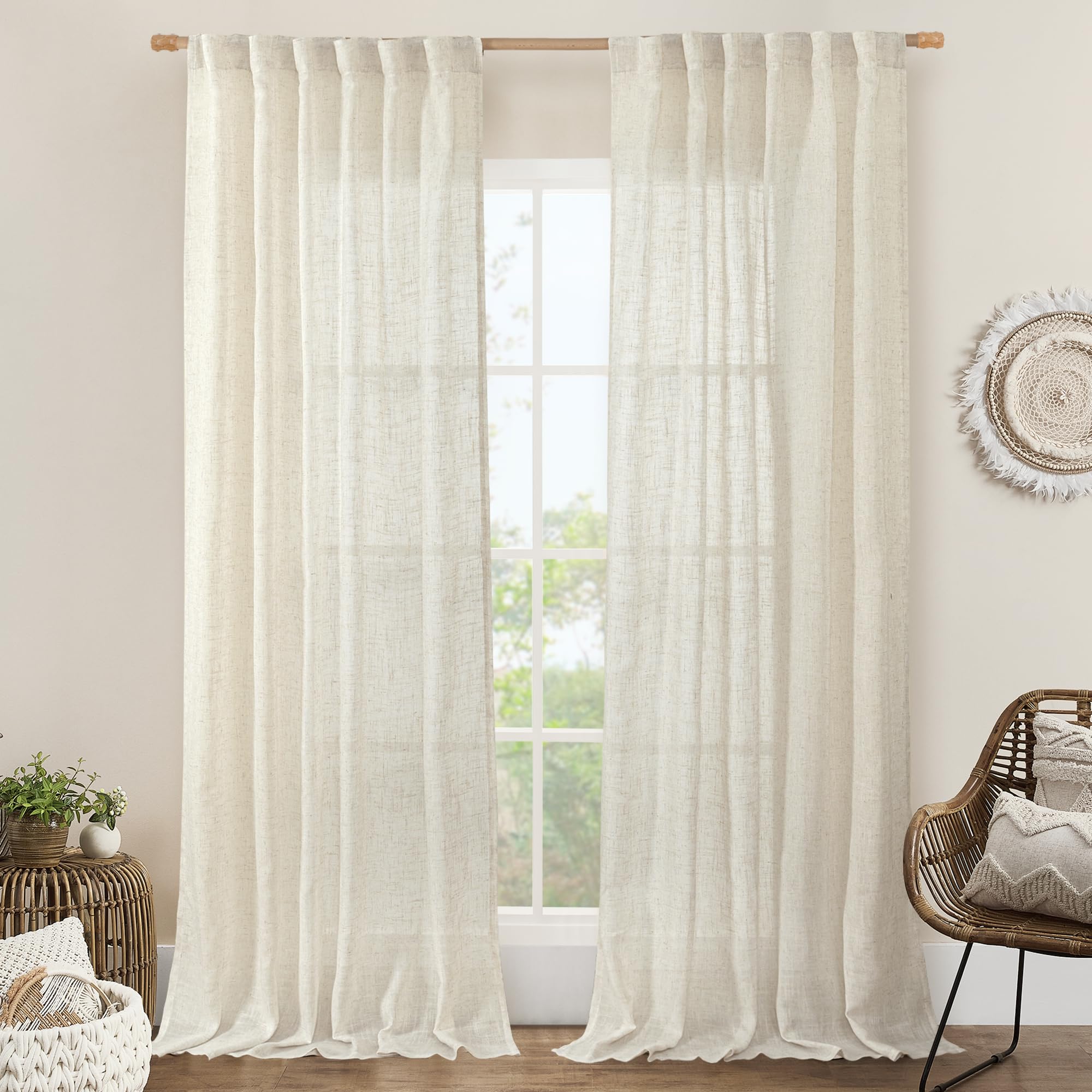 LAMIT - Linen Curtains 102 Inches Long 2 Panels for Living Room Linen Semi Sheer Curtains Light Filtering Natural Cream Back Tab Rod Pocket โ image 1