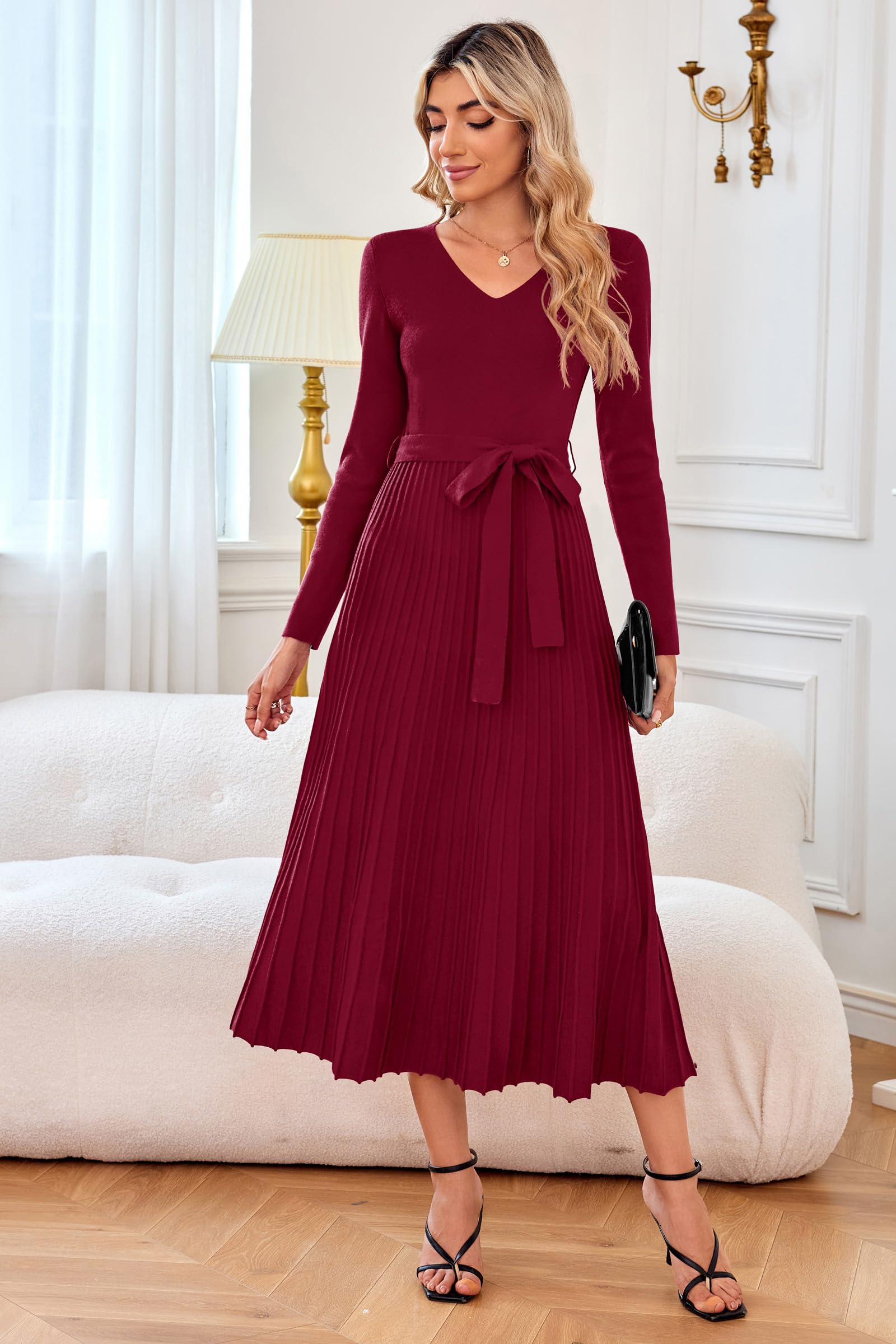 Arach&Cloz Robes Femme Longues Automne Tricotée Robe à Manches Longue Elégante Plissée Col V Jupe Midi Souple Hiver