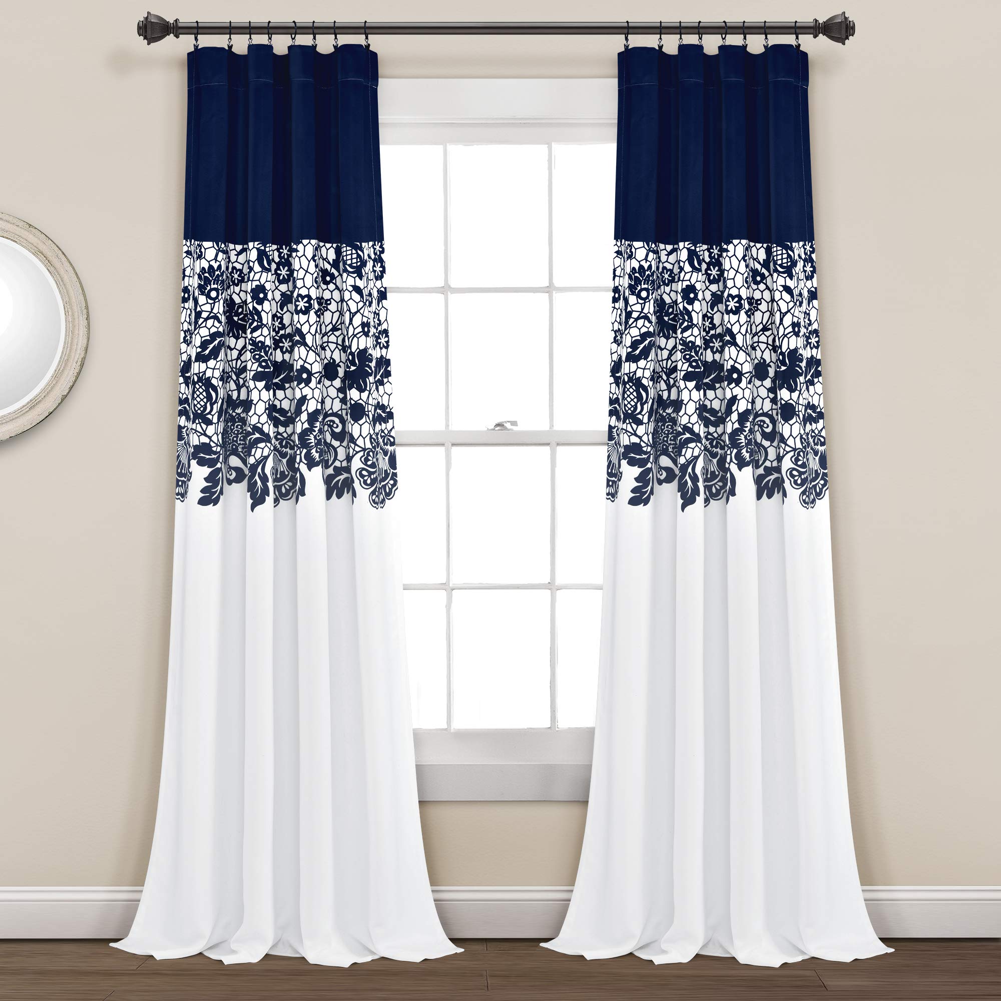 Lush Decor Navy Estate Garden Print Curtains Room Darkening Window Panel Set for Living Dining, Bedroom (Pair)