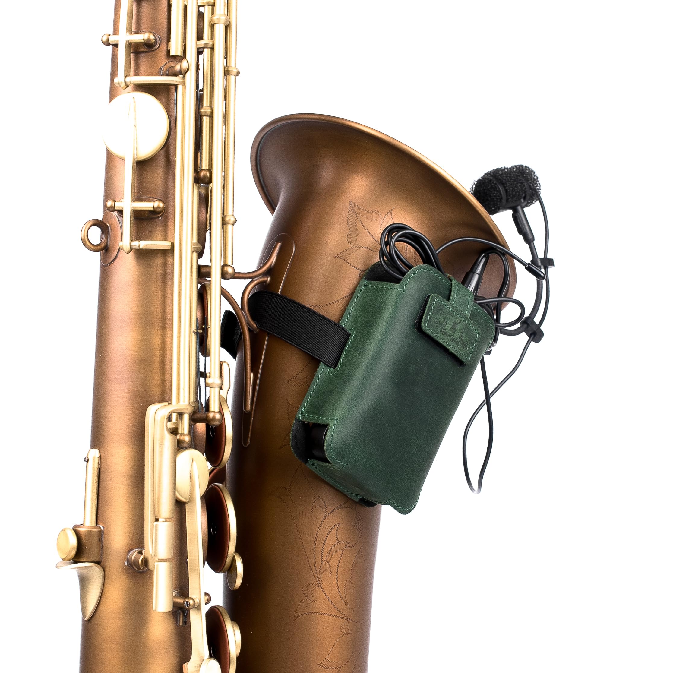 Sassofono microfono trasmettitore porta microfono in vera pelle cinghie elastiche regolabili per vestibilità sicura ideale per jazz, studio, concerti dal vivo (verde)