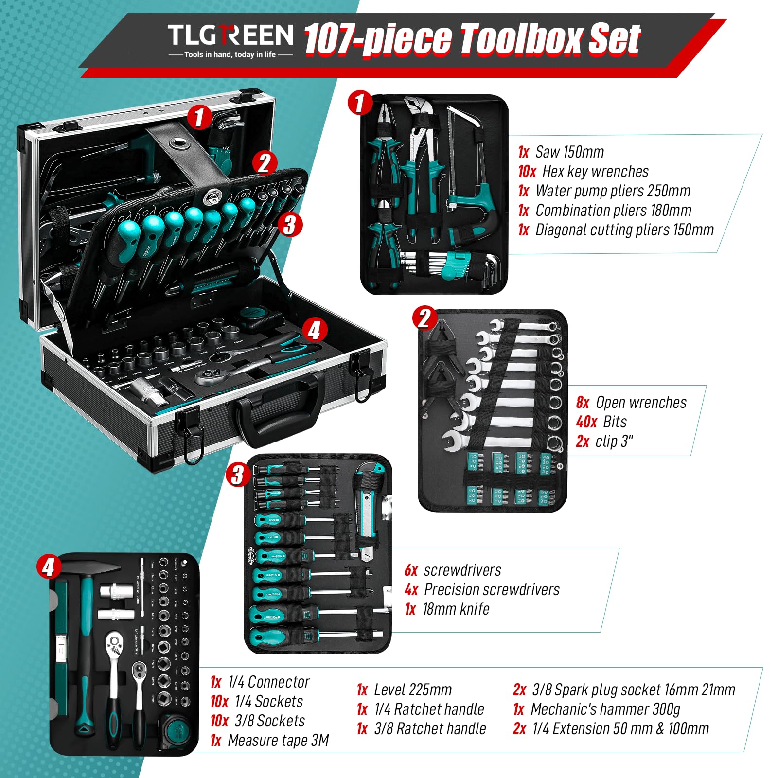 TLGREEN Maletín de herramientas de aluminio lleno de 107 piezas, caja de herramientas, caja de herramientas equipada con llave de tubo, destornillador, etc. para manualidades, bricolaje, hogar, taller