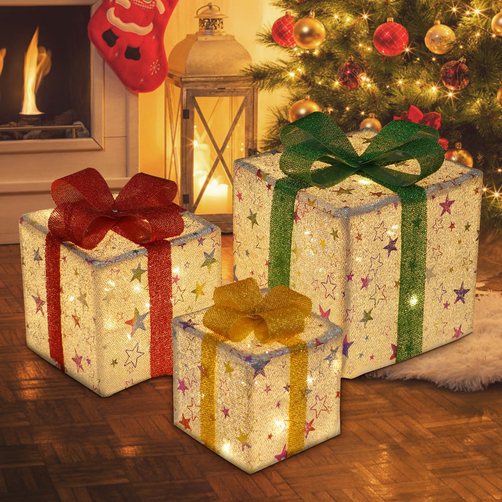 Hatisan 3 Pack 150 LED Lighted Gift Boxes Christmas Decorations, Light Up Present Boxes, PVC Boxes Ornament For Home Decorations Indoor Outdoor Yard Xmas Tree Party Lawn Porch (Blue - View #9