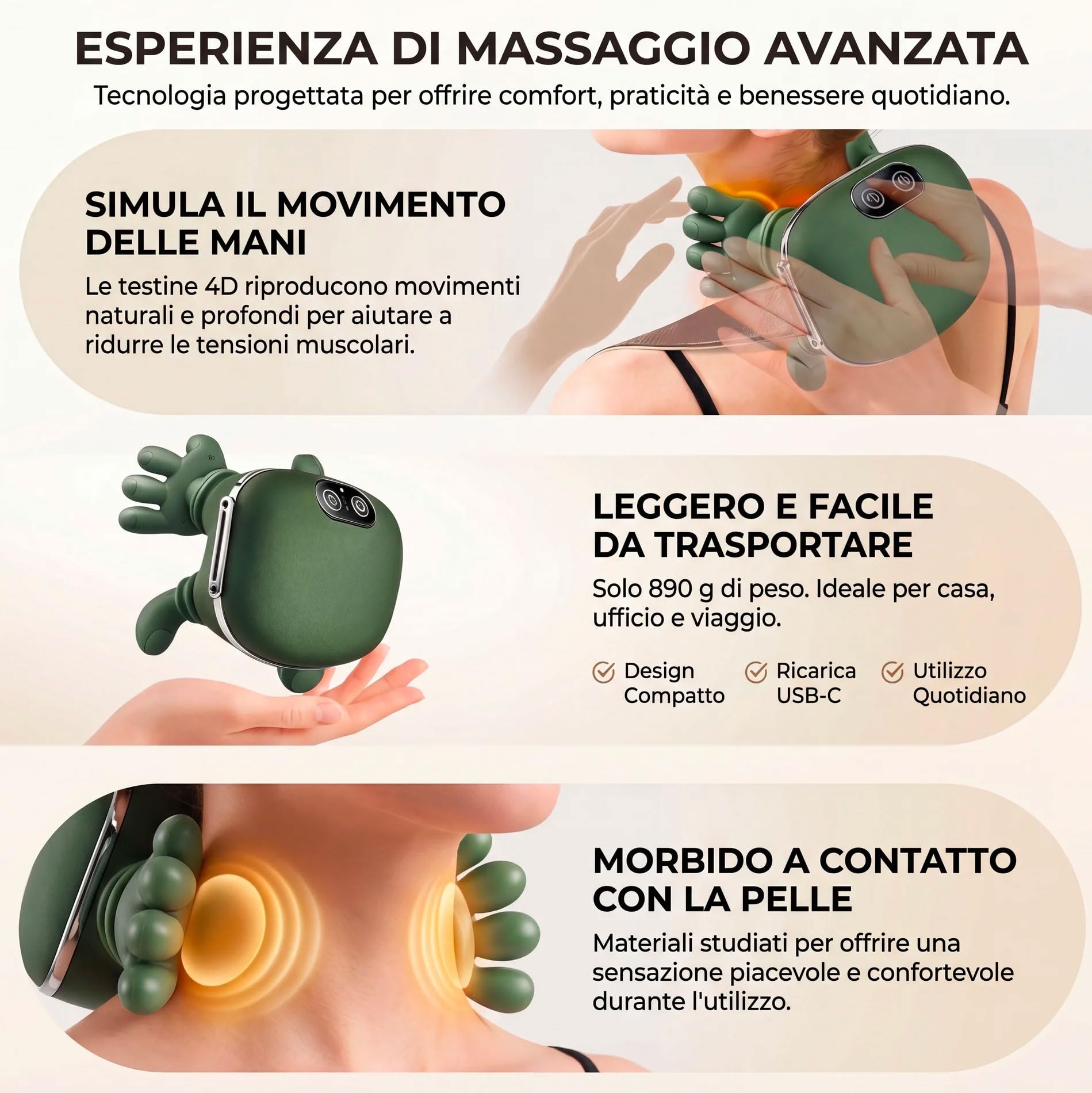 081 Store - Massaggiatore Cervicale per Collo e Spalle a Forma di Mano 4D, Terapia del Calore, Massaggio Profondo Elettrico Portatile per Alleviare Dolore Muscolare e Rigidità