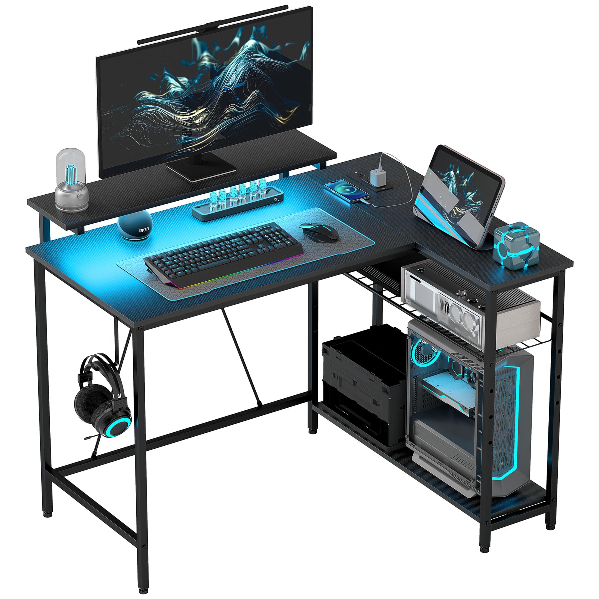 HOMCOM Scrivania Angolare con Luci LED, Prese USB, Supporto Monitor, Nero | Prese di Corrente, Scrivania da Gaming e Ufficio, Design Reversibile, con Ripiani
