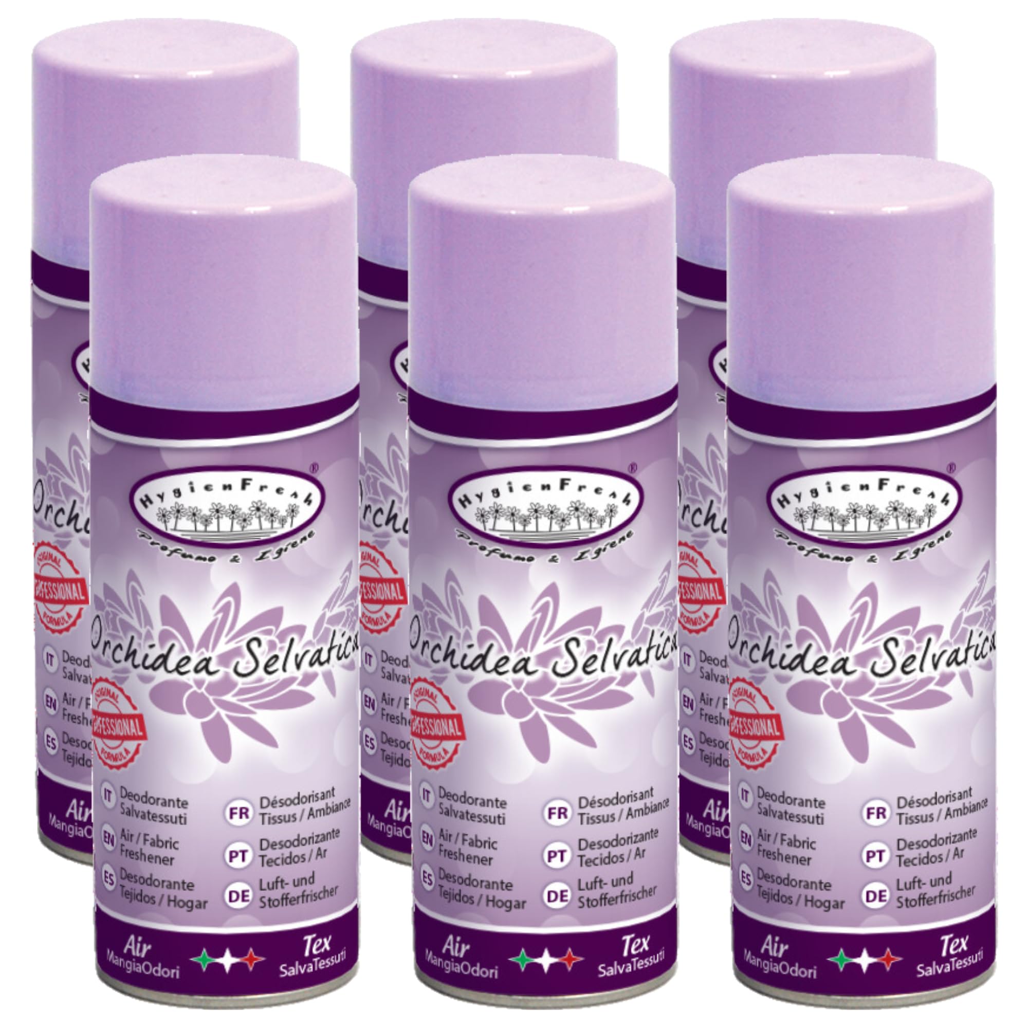 Hygienfresh Deodorante Spray 400ml Salvatessuti con Formula Mangiaodori in 13 Fragranze Intense a Lunga Durata, Elimina Cattivi Odori, Utilizzabile su Tutti i Tessuti (Orchidea Selvatica, 6 Unità)