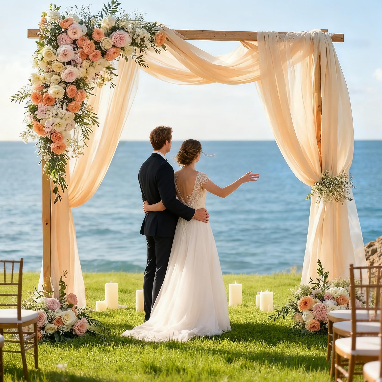 Lot de 4 rideaux de plafond en tulle, 1,5 x 6,1 m, pour arche de mariage, cérémonie et décoration de fête, rideaux en voile transparent infroissable (champagne)