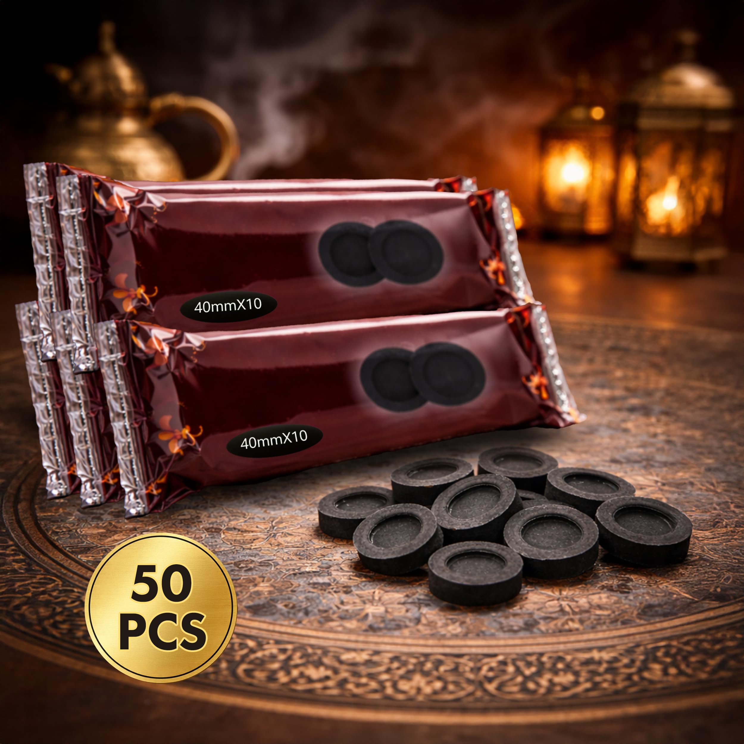 Carbón de Incienso Ø 40 mm – 50 Pastillas de Carbón Natural para Quemadores, Encendido Rápido y Quema Uniforme, Ideal para Resina, Aromaterapia, Rituales y Ambiente Zen