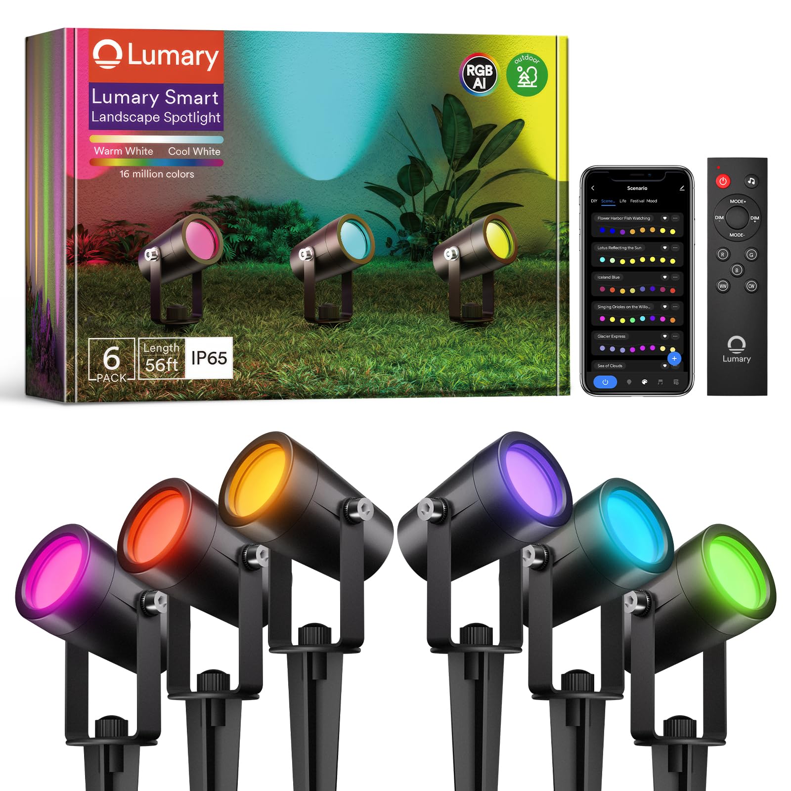 Lumary 56FT Smart Landscape Lights Gen2, 6 Pack RGBAIWW Color Changing Spotlights Low Voltage, Outdoor Lights for Yard, Festival, Compatible with Alexa & Google Assistant