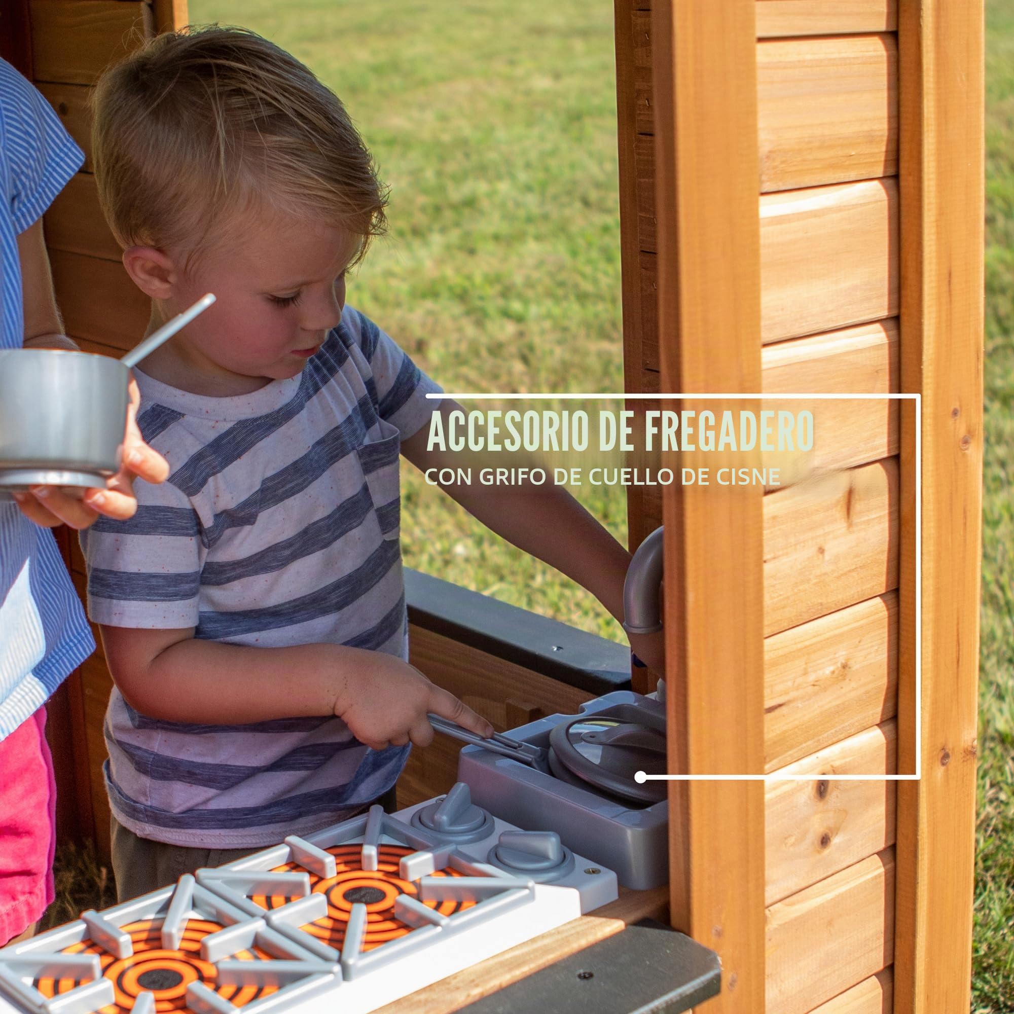 Backyard Discovery Sweetwater Casa Infantil de Madera Marron Negro Casita de Juegos Jardin Exterior Accesorios Ventanas