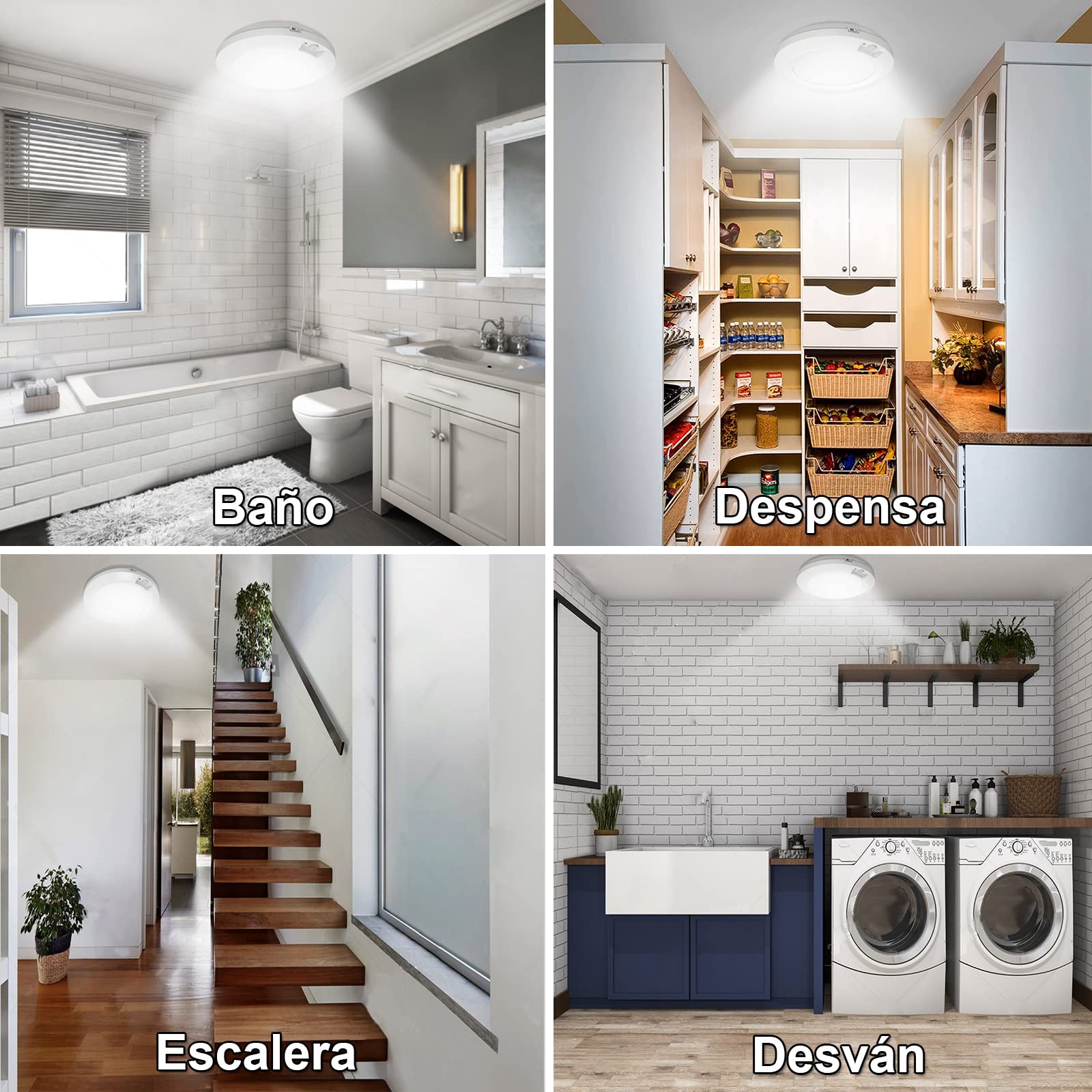 Lampara de Techo a Pilas con Sensor de Movimiento, 6000 K Plafon LED 210LM Luces Escalera Para Baño, Despensa, Cocina, Armario, Pasillo - Blanco Frío
