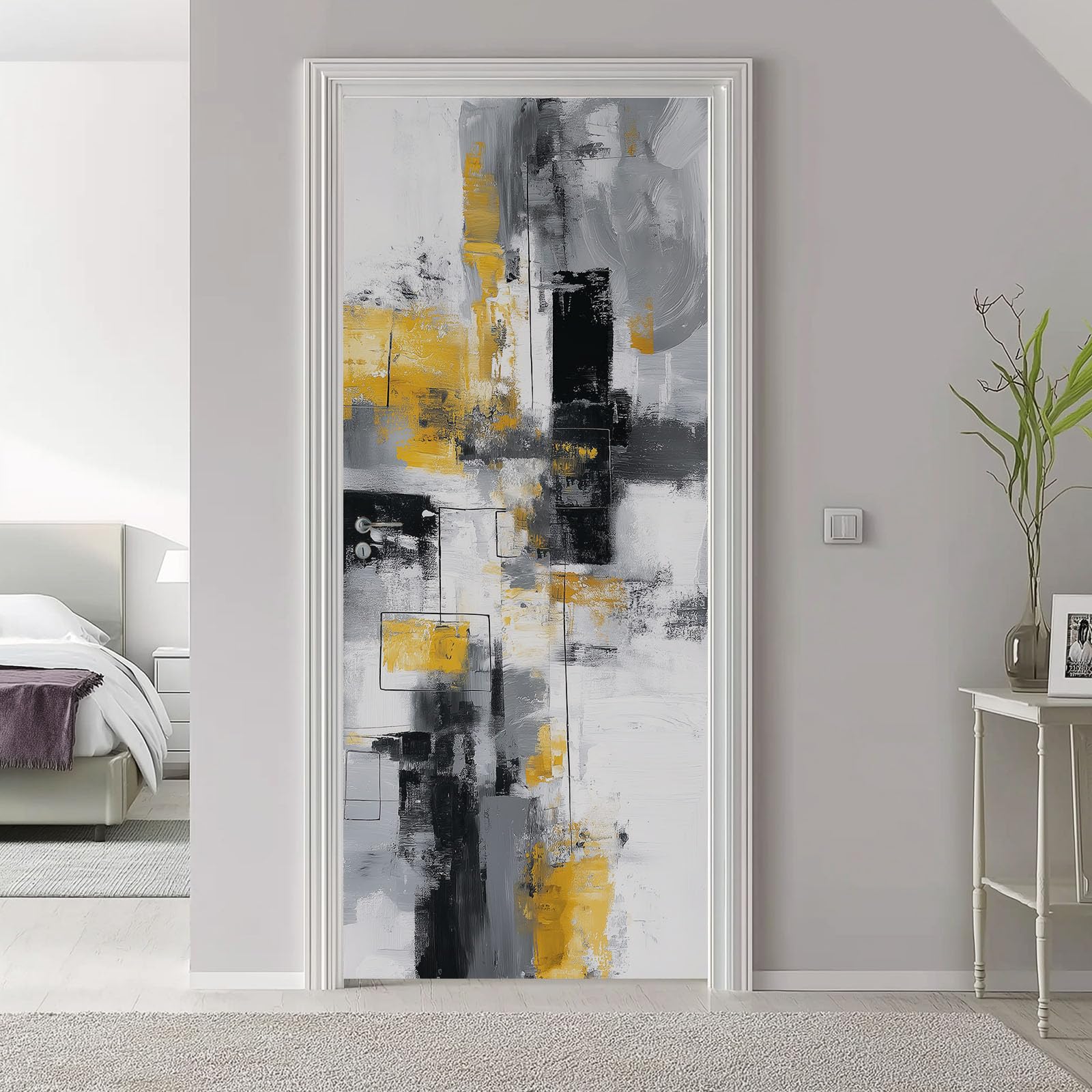 Geometryczna abstrakcyjna naklejka na drzwi - samoprzylepny plakat ścienny bloki linie graffiti zdejmowalna szara tapeta artystyczna do sypialni salon łazienka kuchnia, 80x210 cm