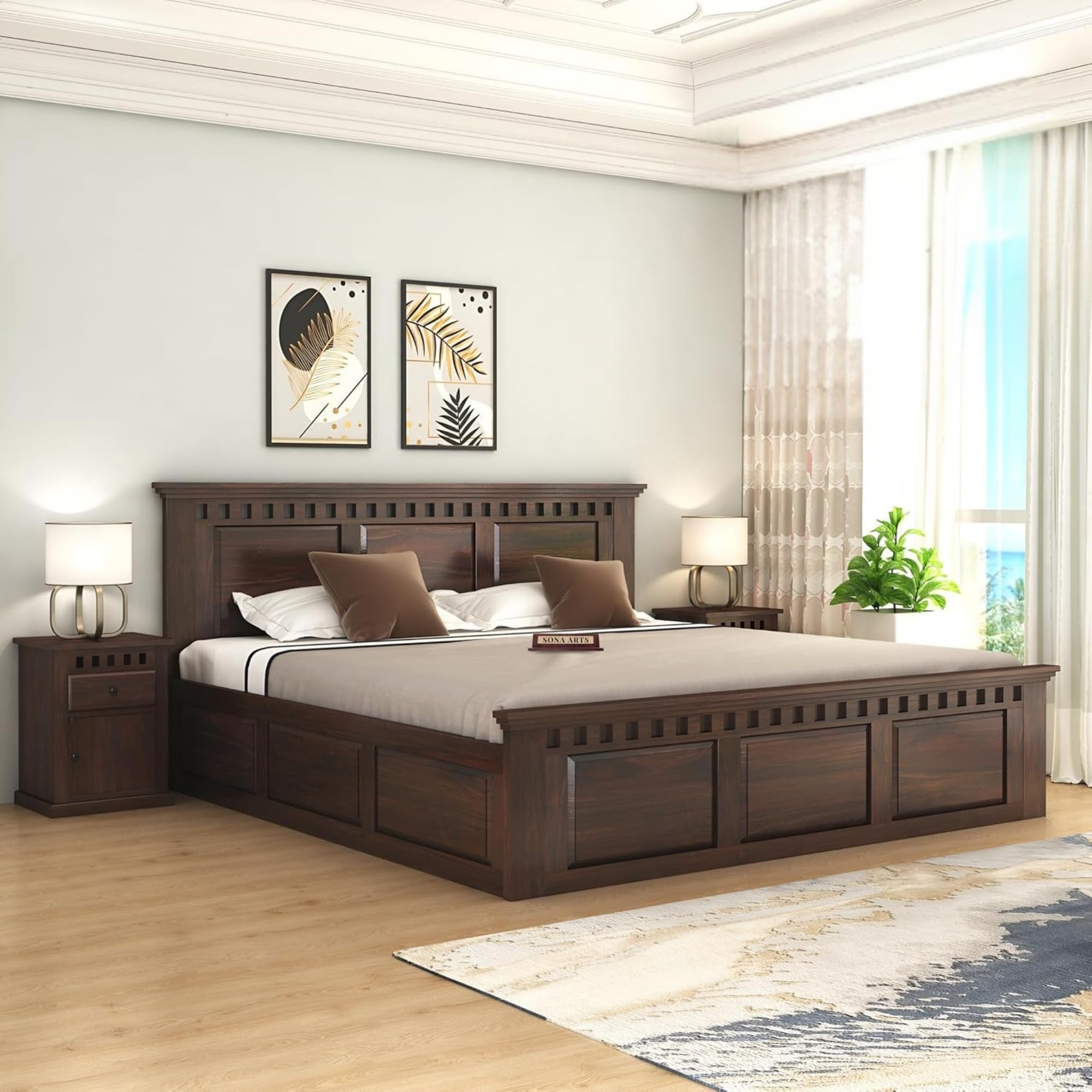 SONA ART & CRAFTS Solid Sheesham Wood King Size Bed with Storage | Wooden King Size Cot Bed | Double Bed with Box Storage Furniture for Bedroom Living...