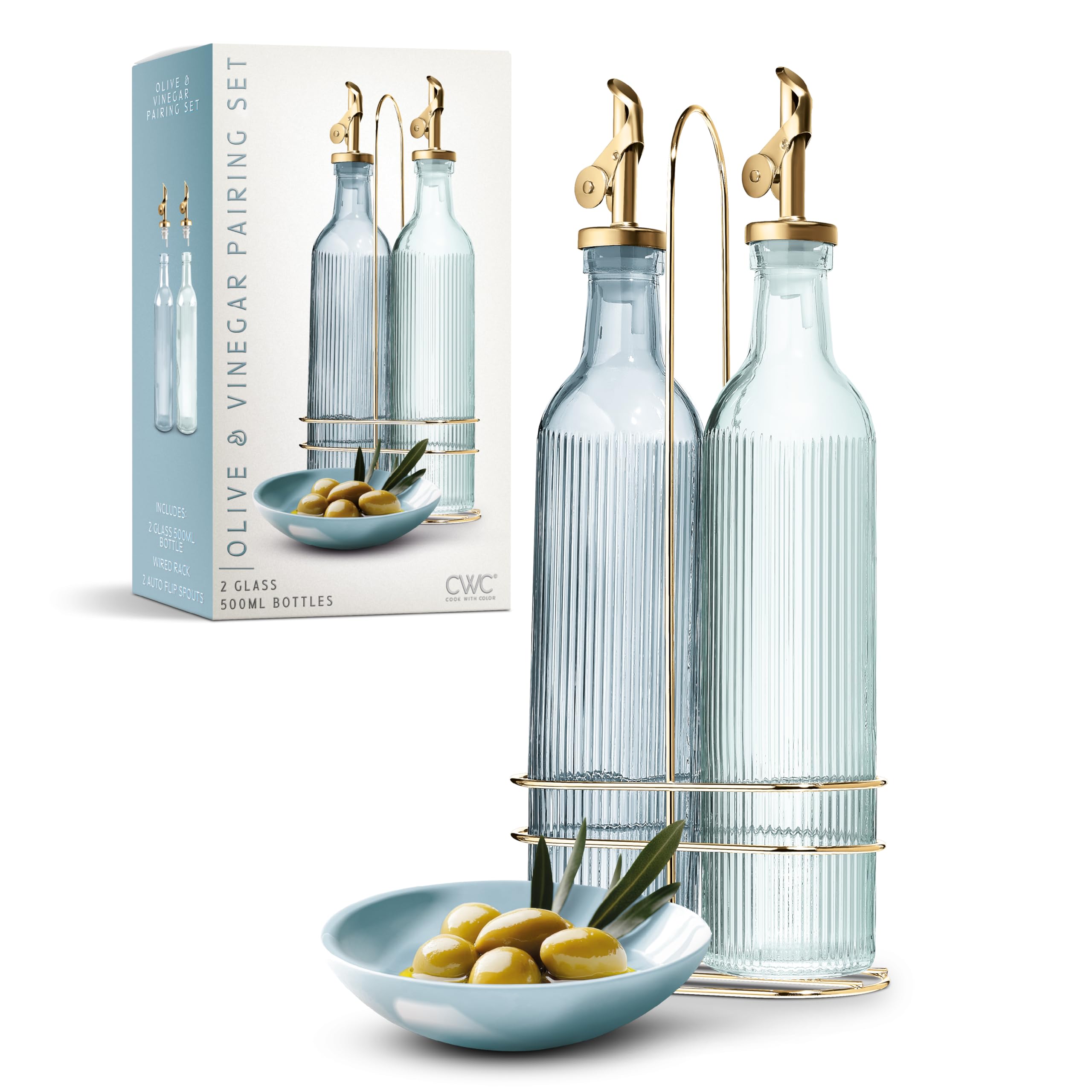 COOK WITH COLOR Glass Olive Oil Bottle Dispenser - 2 Pack- 17oz Vinegar Cruet - Olive Oil Carafe Decanter for Kitchen
