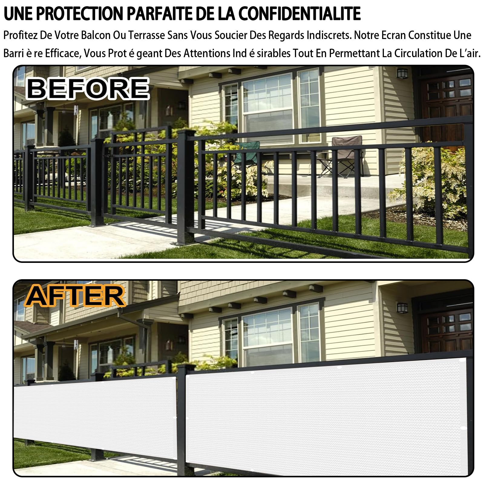 Copri Ringhiera Balcone 180 x 190 cm Protezione Privacy, Anti-Uv, Resistente Al Vento, Recinzione Copri Ringhiera Balcone con Funi e Fascette per Giardino Terrazza, Bianco