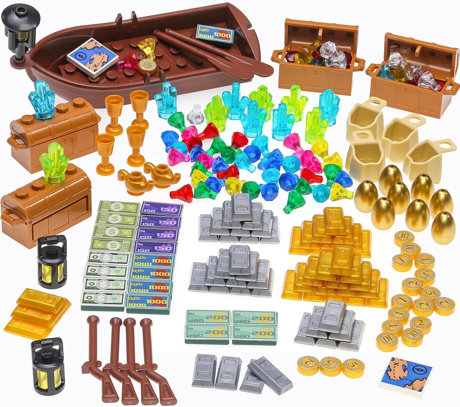 Pack of 220 Pirate Treasure Money Parts Building Blocks, Expedition Wooden Boats Treasure Cards, Money Boxes with Gold Nuggets, Pretend Play Dollar for Friends City Farm Series Bricks-image-17