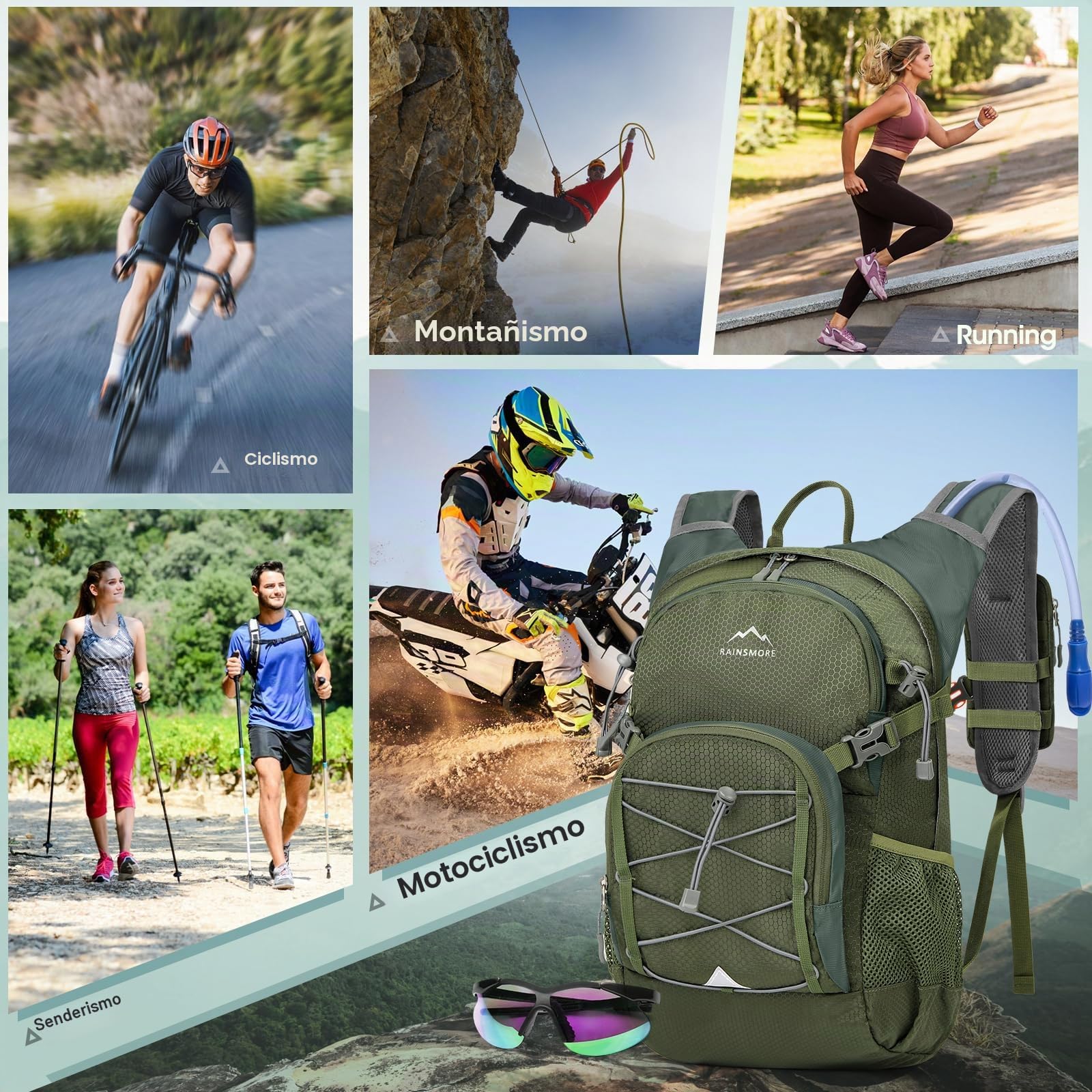 RAINSMORE Mochila de Hidratación con Bolsa de Agua 2L Mochila Bicicleta Montaña Mujer Hombre con Funda Impermeable para Senderismo Correr Ciclismo Trail Running Escalada Deportes al Aire Libre