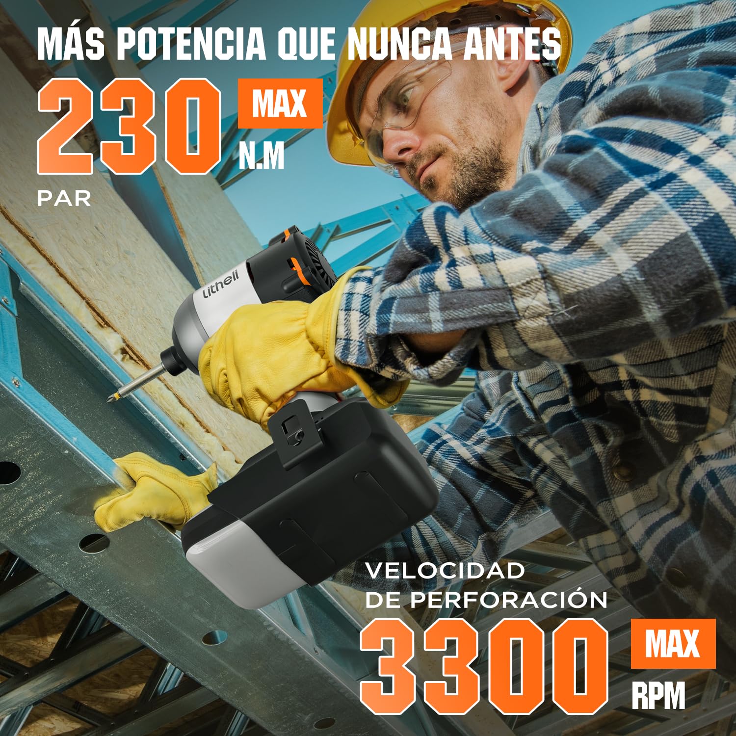 Litheli Destornillador de batería 20 V, batería de iones de litio 2,0 Ah, atornillador de impacto inalámbrico, par de torsión 230 Nm, 3 modos, pinza 6,35 mm, luces LED
