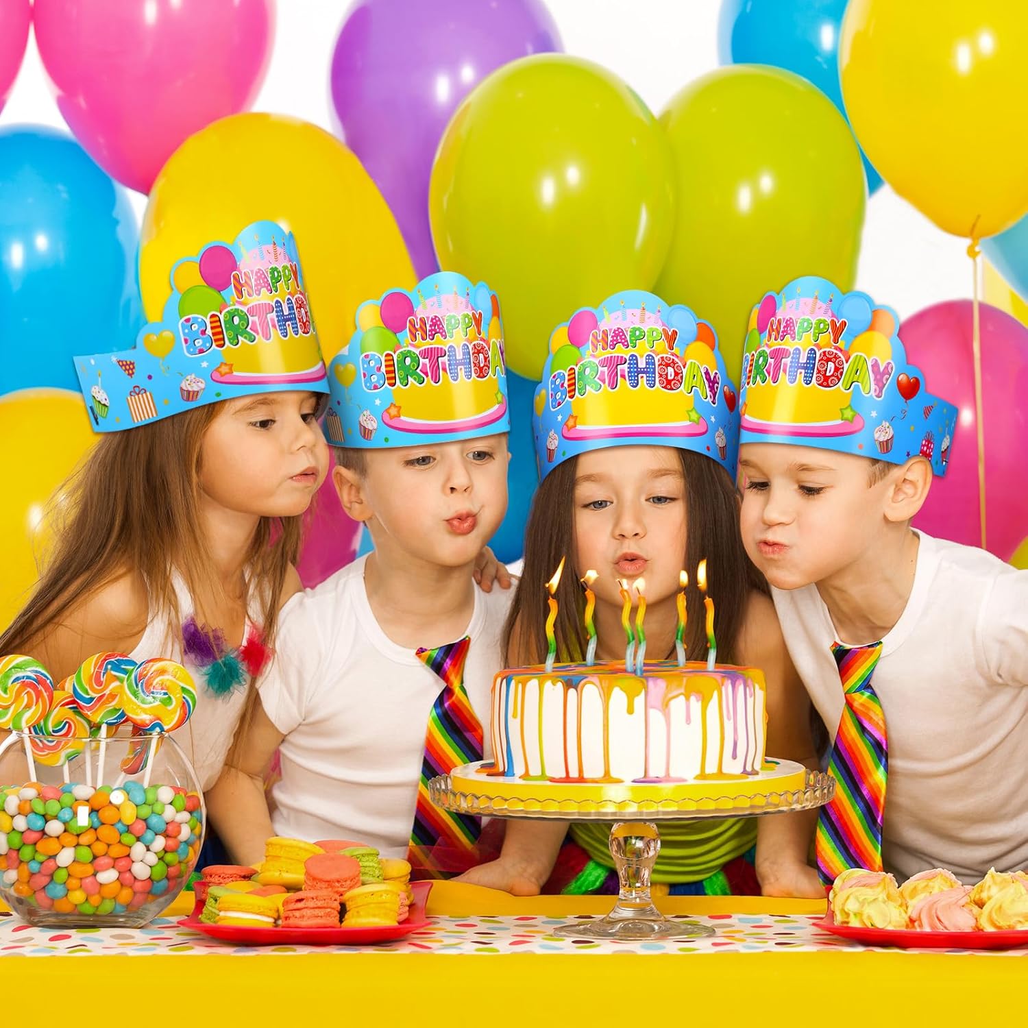 Yunsailing 36 Pcs Happy Birthday Crowns for Kids Paper Birthday Hat Crowns for Classroom Gifts Kids' Party(Blue)